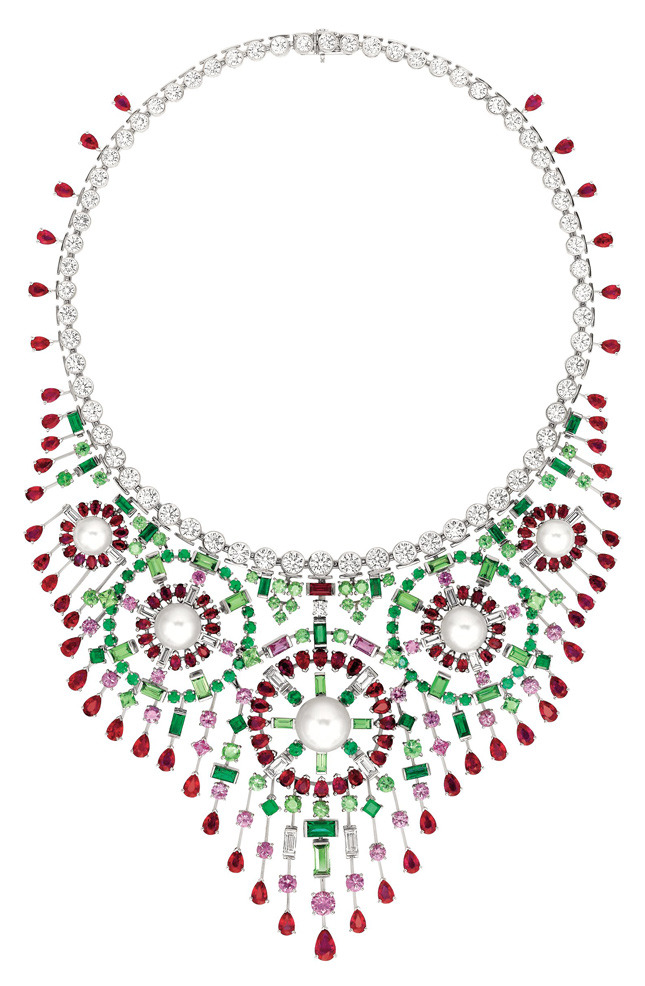  «Mosaïque» necklace, white gold, diamonds, rubies, emeralds, tsavorite, sapphires, pearls